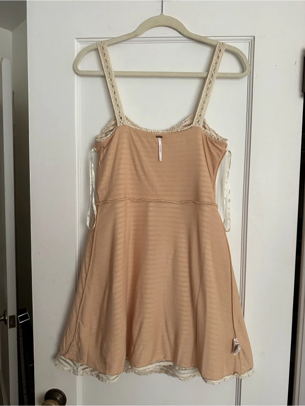 FREE PEOPLE Sheer Striped Crochet Trim Babydoll Dress Size M Beige Cream Mini